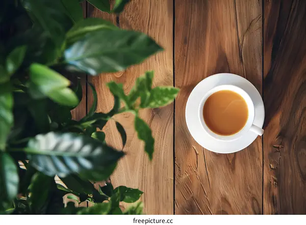 Top View of a Cup of Coffee on a Wooden Table with Green Leaves
