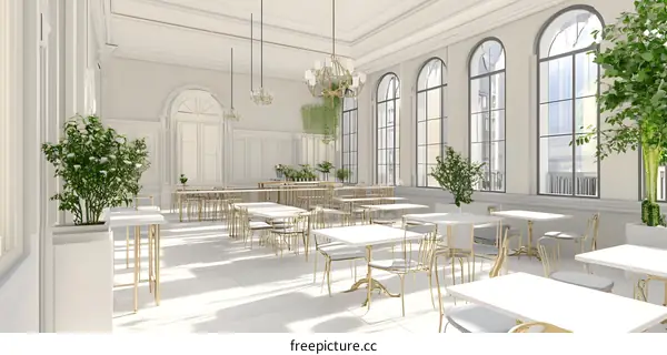 White Interior Design with Golden Chairs and Plants