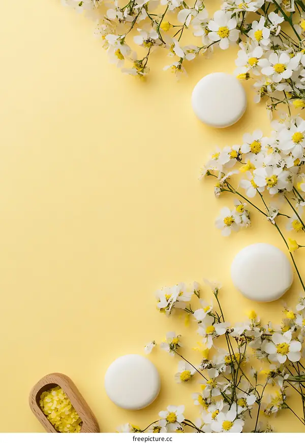White Soap Bars and Flowers on Yellow Background