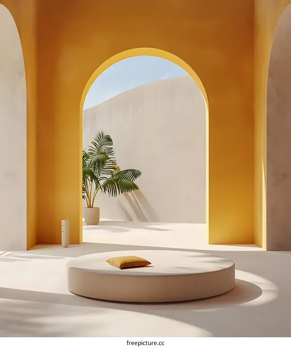 Minimalist Architecture Interior Design with Palm Tree and Round Cushion
