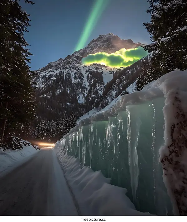 Mountain Road With Ice Wall And Green Aurora Borealis