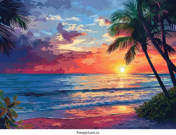 Tranquil Tropical Beach at Sunset with Palm Trees