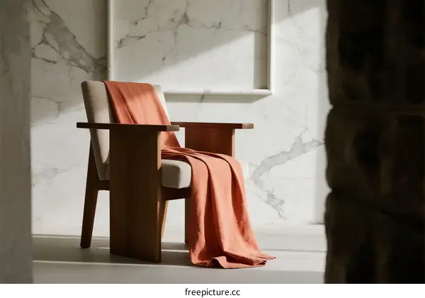 Warm-toned throw blanket draped over modern wooden armchair in bright room