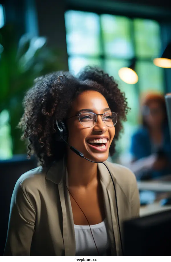 Happy African American woman wearing a headset working in a call center