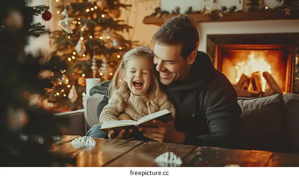 Father and daughter reading a book together near a fireplace during Christmas