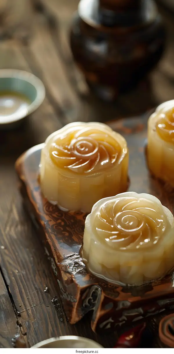 Close up of three moon cakes on a wooden surface