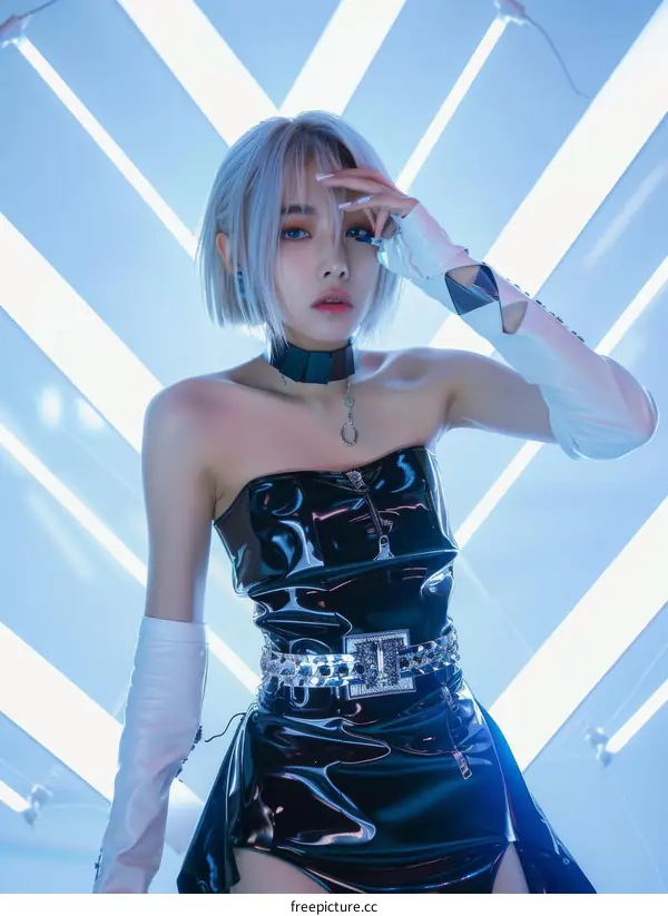 Fashionable Asian Woman Wearing a Black Leather Dress with White Gloves Under Neon Lights