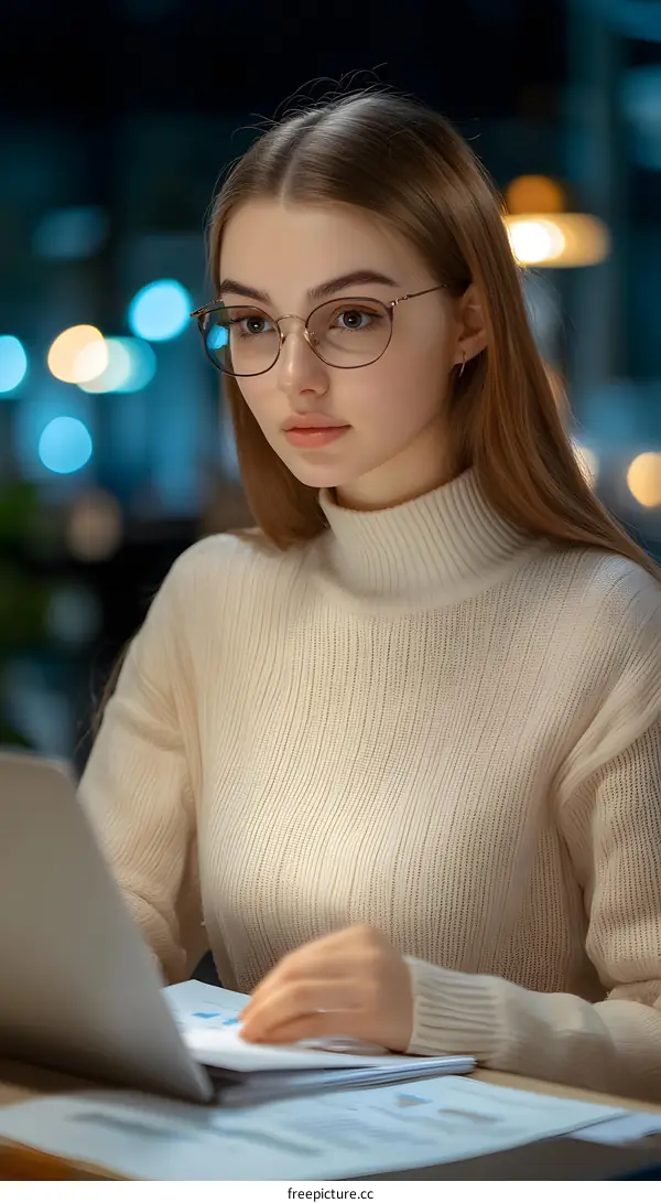 Woman Working on Laptop in Office at Night