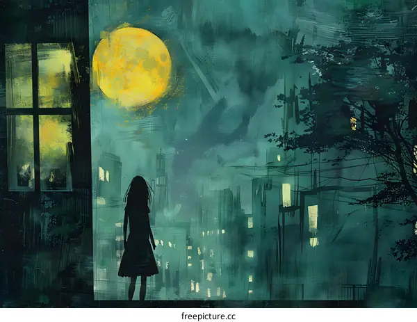 Girl Watching Moon Over City