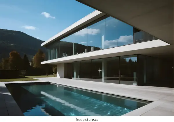 Modern minimalist house with large glass windows and swimming pool