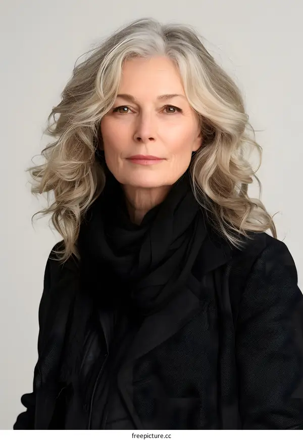 Portrait of a Mature Woman with Gray Hair and Black Coat