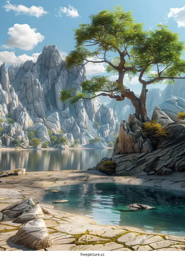 Solitary Tree by Serene Mountain Lake