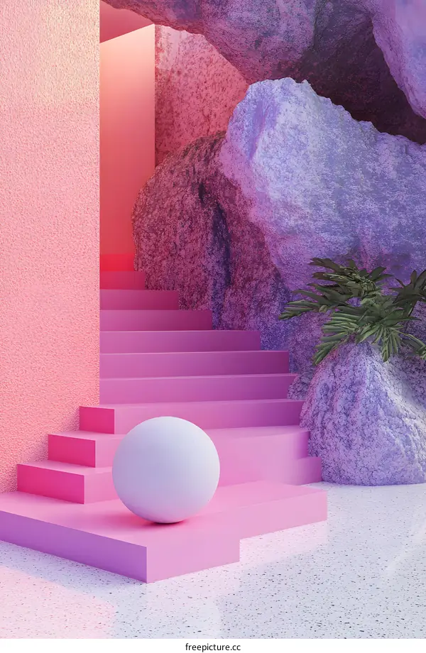 Abstract Pink 3D Render Background with Steps and Rocks