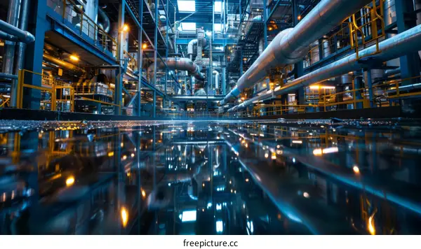 Large industrial interior with many pipes and a walkway