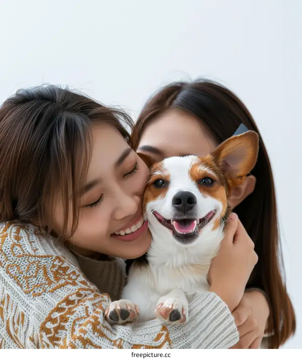Two young Asian women hugging a small dog