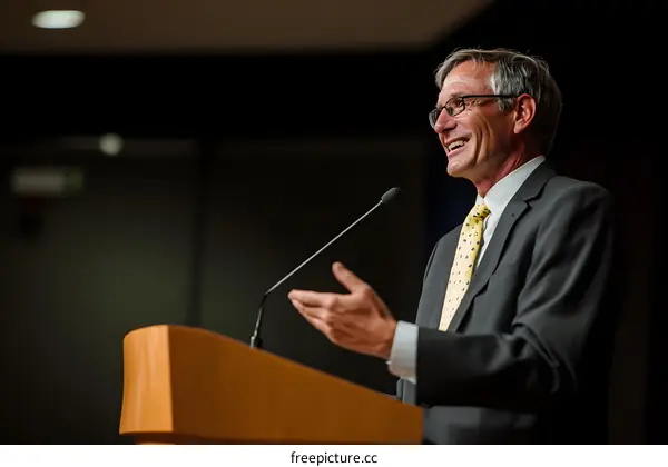 Man Speaking at Podium with Microphone During Presentation