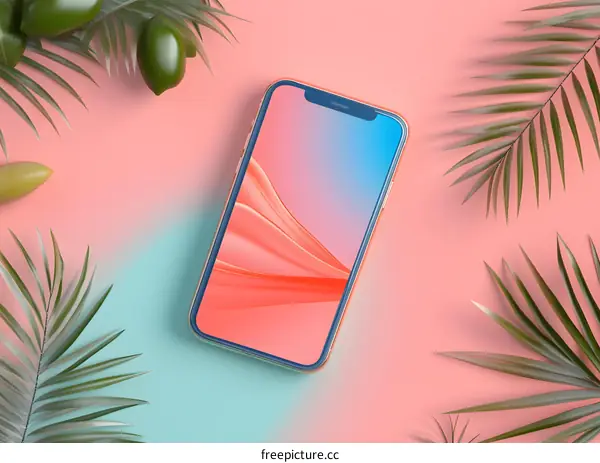 Summer Phone Mockup with Palm Leaves and Pink and Blue Background