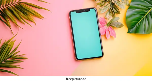 Modern Phone Mockup with Green Palm Leaves on Pink and Yellow Background