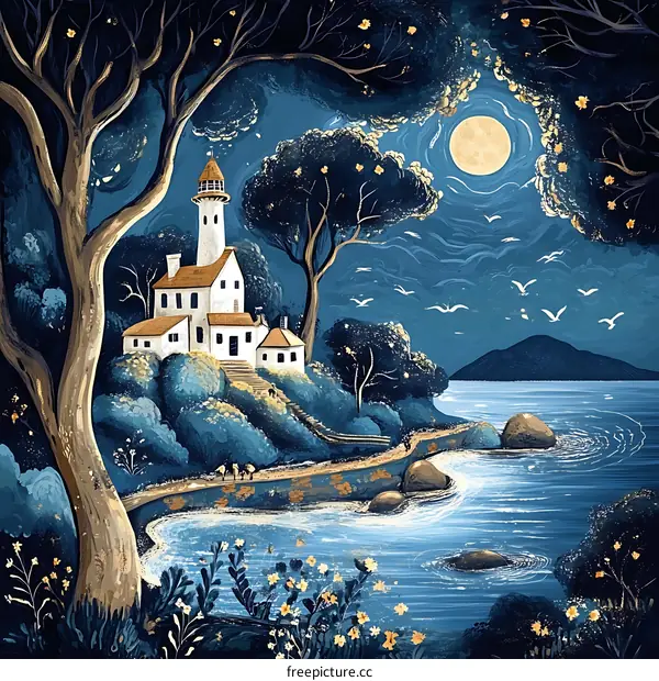 Lighthouse by the Sea at Night with Full Moon