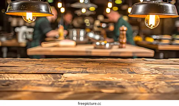 Rustic Wooden Tabletop with Blurred Background of Chefs Working in a Restaurant Kitchen