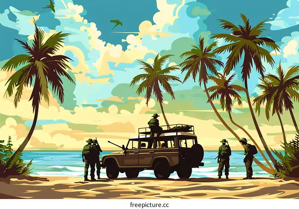Tropical Beach Sunset With Military Personnel