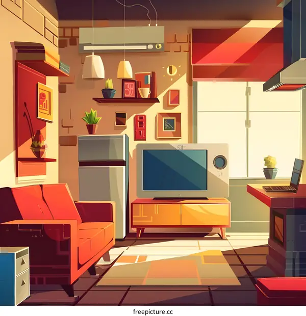 Cartoon Illustration of a Living Room Interior with Furniture and Appliances