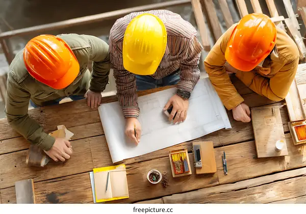 Construction Workers Discussing Plans on Wooden Table