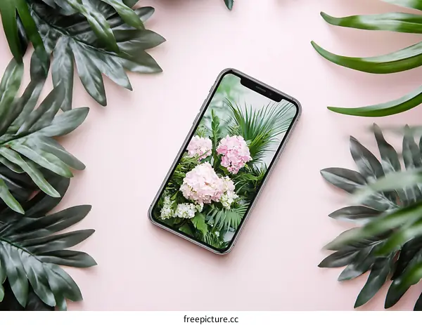 Flat Lay of Pink Flowers on Smartphone Screen With Green Leaves on Pink Background