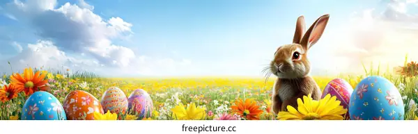 Easter Bunny in a Colorful Field with Painted Eggs