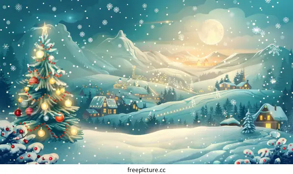 Christmas Village in Snowy Mountain Landscape