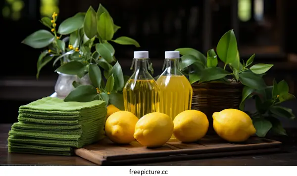 Fresh Lemons and Lime with Bottles of Juice on Countertop