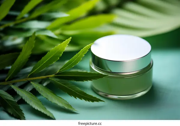 Natural Skincare: Green Jar of Cream with Silver Lid and Lush Greenery