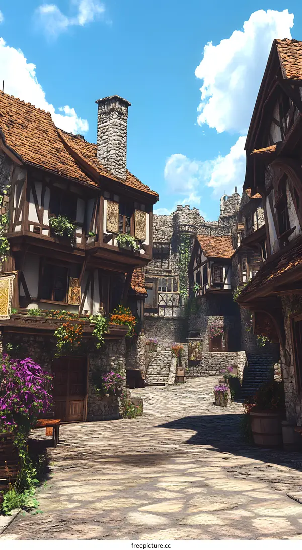 Medieval Village Street with Stone Buildings and Flowers