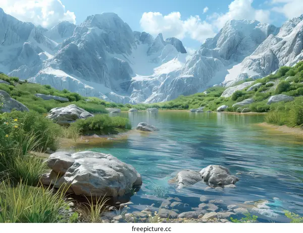 Serene Mountain Lake with Snowy Peaks and Azure Waters