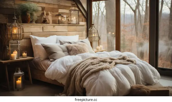 Cozy Cabin Bedroom with Fur Blanket and Pillows
