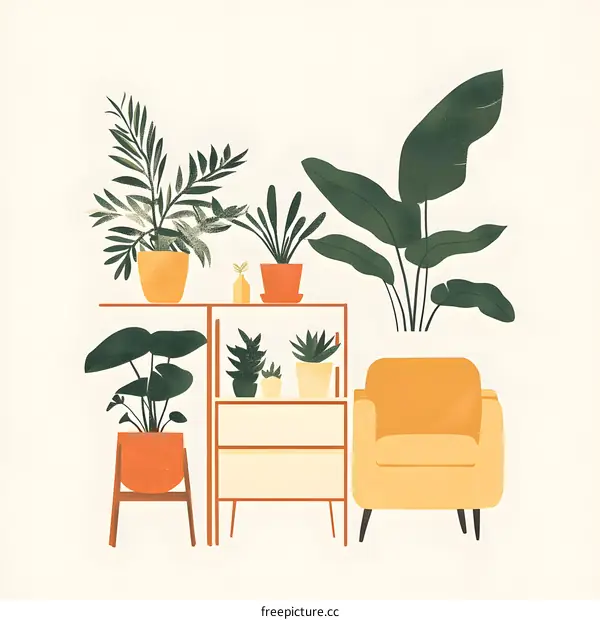 Modern Houseplant Illustration with Yellow Armchair