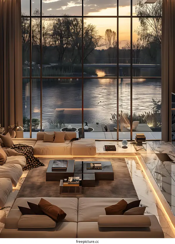 Modern living room overlooking river at sunset