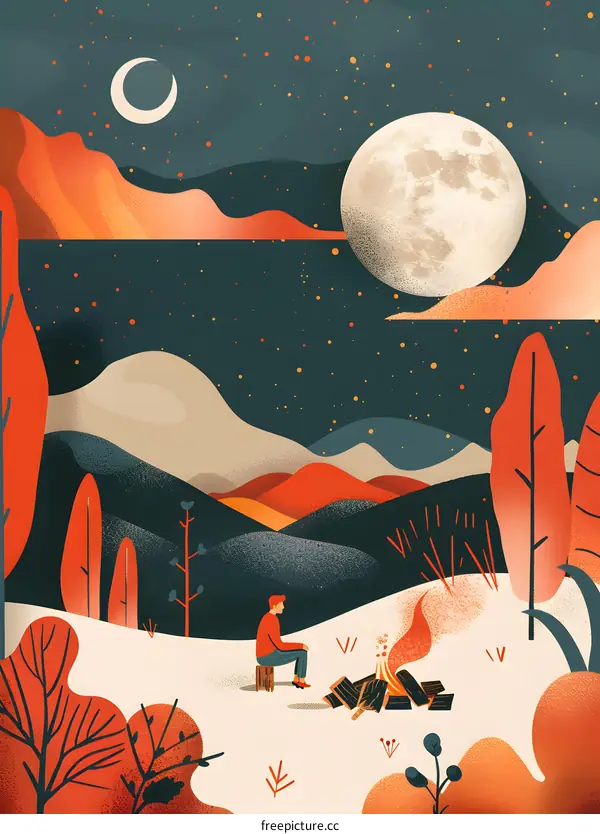Man Sitting By A Bonfire In The Mountains Under The Full Moon
