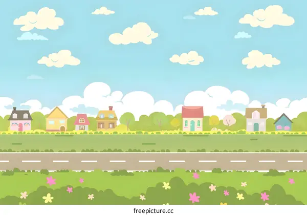 Cute Cartoon Illustration of a Small Town with Houses and a Road
