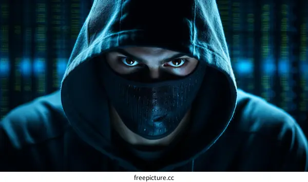 A person wearing a mask and a hoodie is looking at the camera with a serious expression.