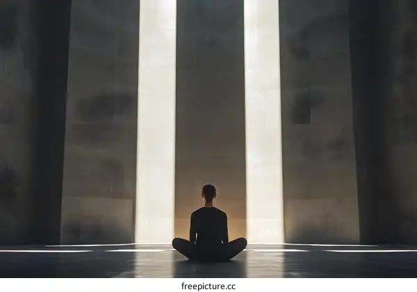 Woman Sitting in Meditation Pose in a Concrete Room with Three Beams of Light