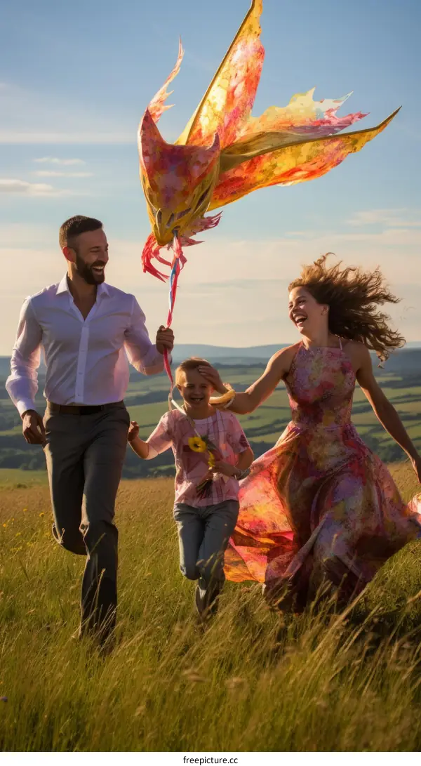 Family Outing in the Green Field with a Bright Kite in the Sky