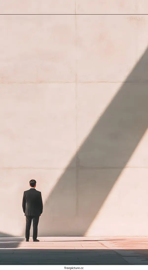 Man in Suit Standing in Front of Concrete Wall with Shadow