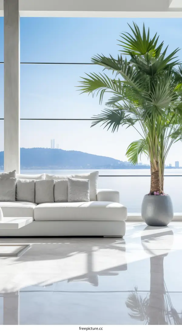White Sofa and Palm Tree in Modern Living Room