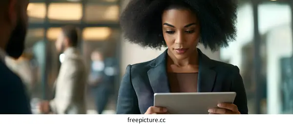 African American Businesswoman Using Tablet In Modern Office