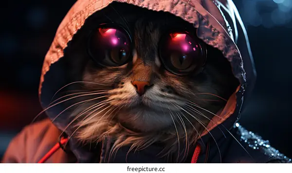 A cat wearing a futuristic hoodie and goggles