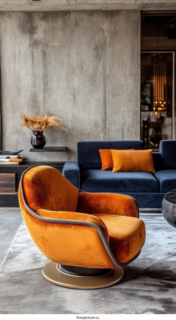 Modern Orange Velvet Swivel Chair in a Concrete Interior