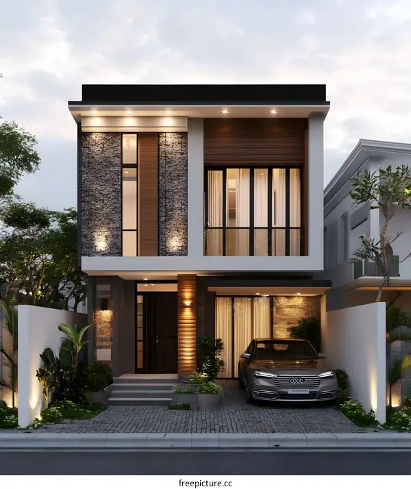 Modern Two Storey House Design With Stone Wall And Wood Accents