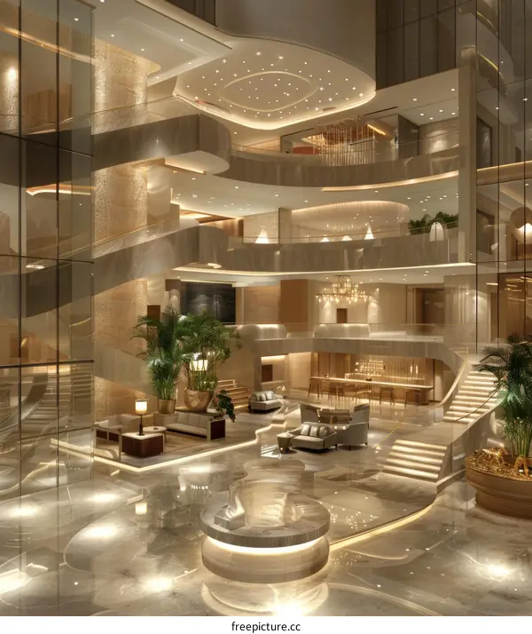 Modern hotel atrium lobby interior with curved staircase and golden decoration