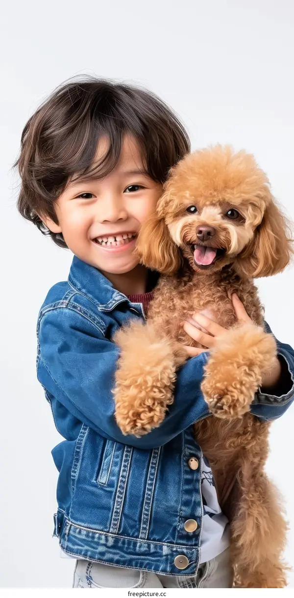 A happy boy hugging a brown toy poodle